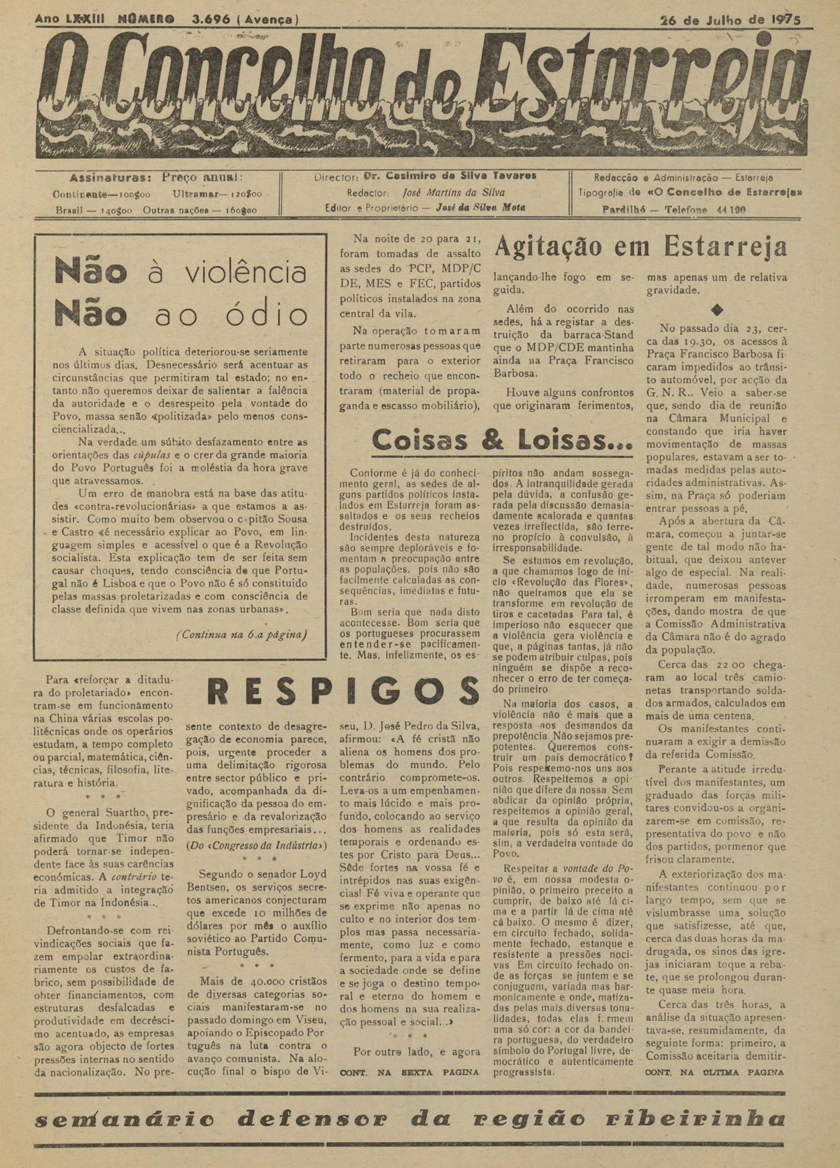 Primeira página de jornal impressa a preto.