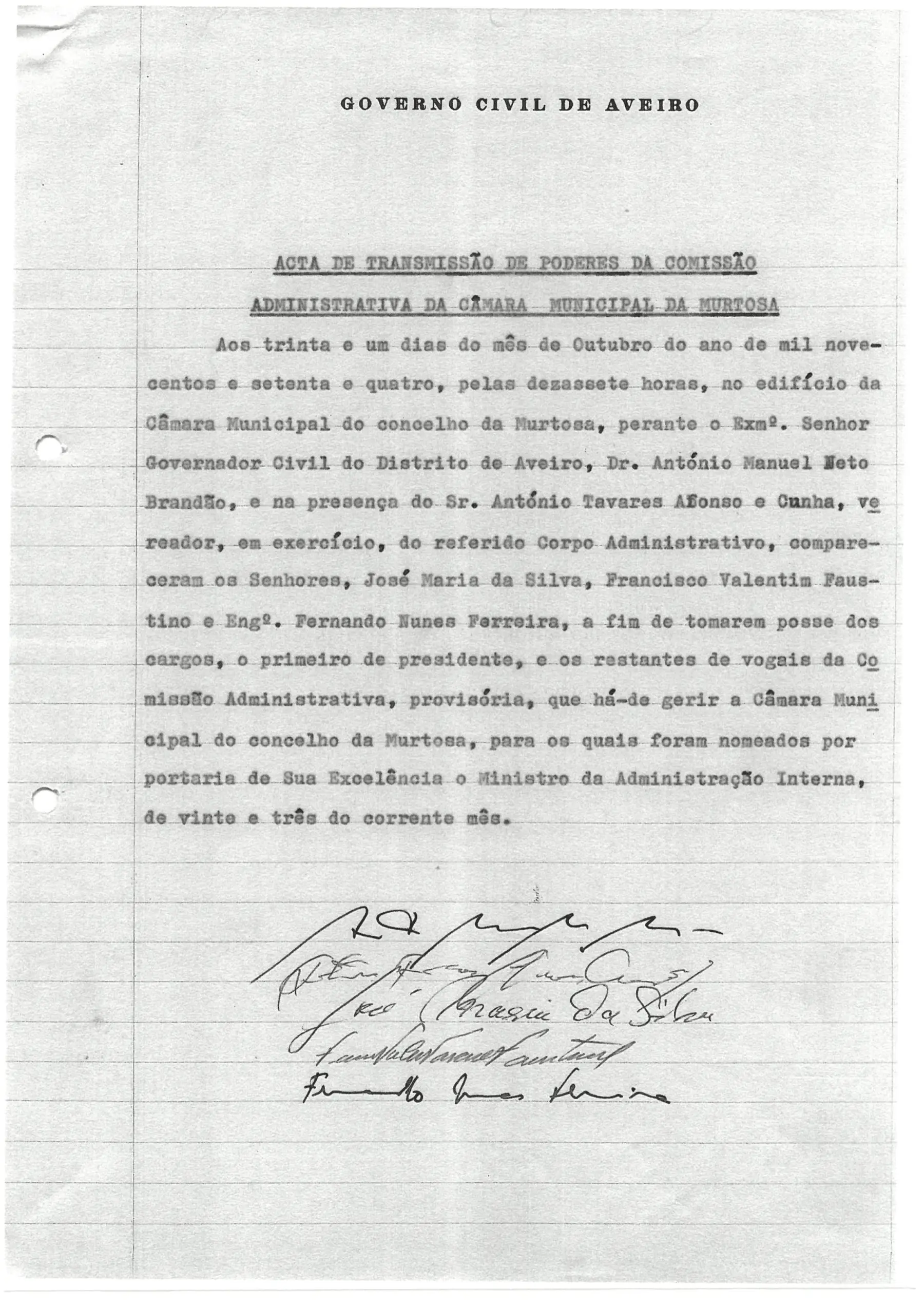 Imagem de documento datilografado com assinaturas manuscritas na parte inferior.